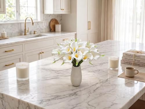 Mandy's 20pcs White Calla Lily Artificial Flowers | 13.5 Inch PU Realistic Bouquet for Vase Elegant Home Decor Centerpiece Wedding Bridal Bouquet Table Decoration - color: White