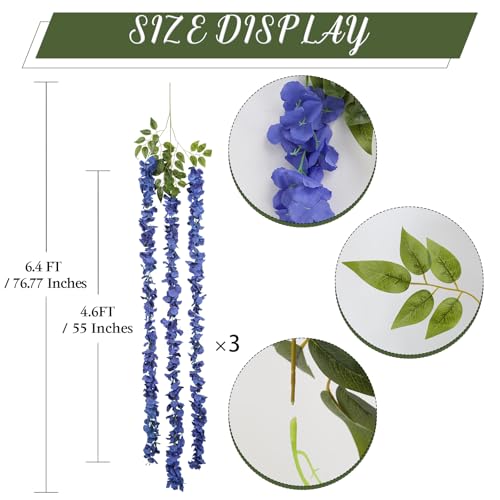 IPOPU Royal Blue Wisteria Hanging Flowers Garland 6.4FT Wisteria Garland Hanging Flowers for Decoration for Wedding Arch, Backdrop, Garden Party Decor, 3 PCS (Royal Blue) - color: Royal Blue