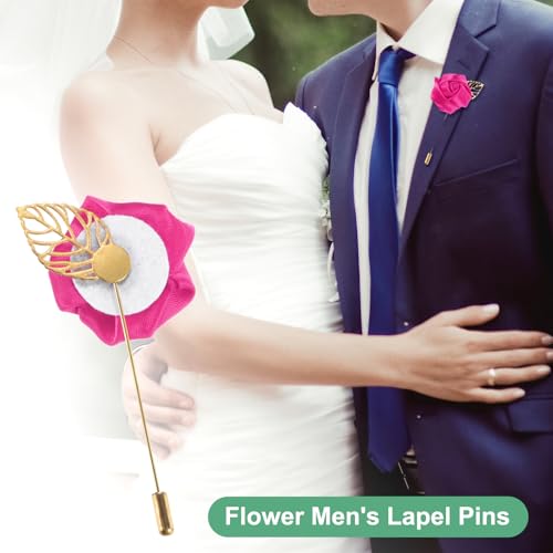 M METERXITY 1-Pack Flower Lapel Pins for Men, Golden Leaf Rose Boutonnieres Pin Groom Boutonnieres for Wedding/Dance/Party, Men Lapel Pins for Suits Satin Flower Corsage [Rose Red] - color: Rose Red