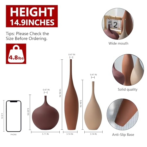Relexome Ceramic Modern Vase Set of 3 Farmhouse Decorative Vase Minimalist Aesthetic Vases for Centerpieces Matte Ribbed Vases for Home Decor Table Entryway Living Room (Brown+Khaki+ Dark Red) - color: Multicolor