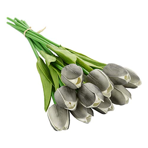 10 Pcs Artificial Tulips Flowers 13.8 inch Real Touch PU Fake Holland Tulip Bunches Bush Countertop Table Display Floral Decoration for Wedding Party Living Room (Gray)