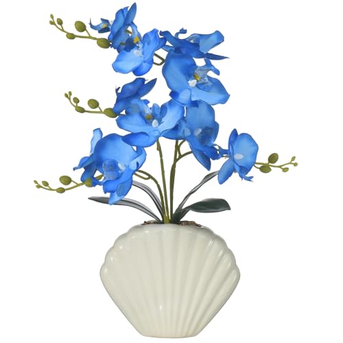Artificial Phalaenopsis Orchid Plant in Seashell Pot, 16" Fake Orchid Flowers, Silk Faux Orchids for Home Decor, Office, Table Centerpiece, Real Touch Lifelike Indoor House Plant (Blue) - color: Blue
