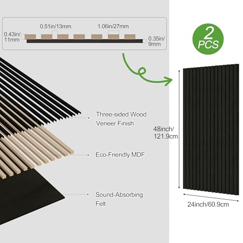 2 Pack Wood Panels for Wall, 48" x 24" Wood Slat Acoustic Panels, Acoustic Wall Panels for Interior Wall Decor, Sound Absorbing Wall Panels for Noise Reduction and Decoration, Obsidian Black - color: Obsidian Black, size: 2PCS-48" x 24"