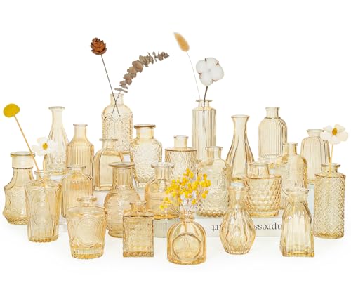 SUPMIND 24pcs Glass Bud Vase Set, Small Gold Amber Flower Vases for Centerpieces in Bulk, Mini Vintage Vase for Wedding, Home,Table Decoration - color: Gold Amber, size: 24Pcs