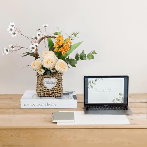 Artificial Flower Arrangement in Woven Basket with Heart Design, Wooden Woven Basket Mixed White Roses and Yellow Orchidsfor Home Decoration Dining Table Centerpiece
