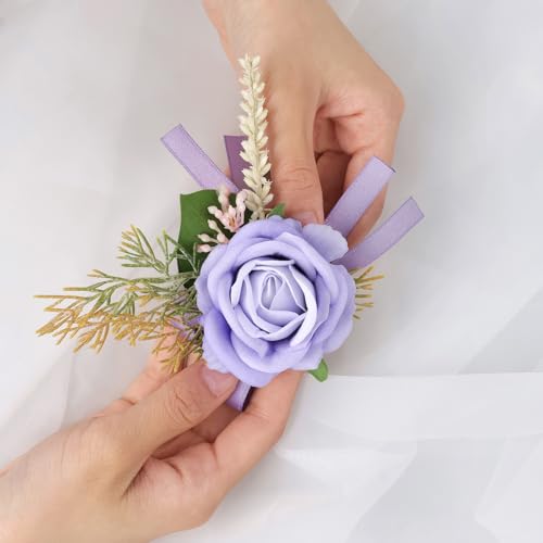 Alizeal 2Pcs of Wrist Corsage and Boutonniere Set, Artificial Flowers Accessories Suit Decor for Wedding Prom Party Homecoming Ceremony, Pale Purple - color: 701-pale Purple