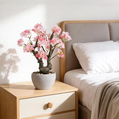 KAIRNE Artificial Pink Cherry Blossom Potted,15.7'' Tall Fake Bonsai Tree,Floral Faux Plant,Realistic Decorative Plants Potted,Flowers Table Decoration Gifts for Holiday Home Office Desk Spring Decor - color: Pink Cherry Blossom
