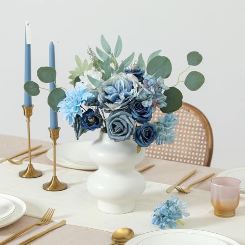 Kisflower Blue Flowers Artificial Combo Cake Flowers Decorations Fake Silk Roses Dahlia Peony Flowers Gift Box for DIY Wedding Bridal Bouquet Centerpieces Arrangements (Dusty Blue) - color: Dusty Blue