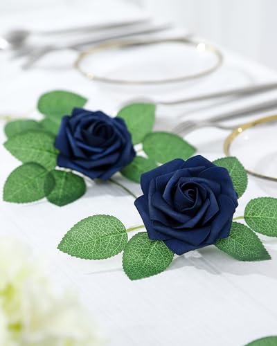 DuHouse 50Pcs Artificial Roses Flowers Fake Roses with Stems Real Touch Foam Flowers for DIY Wedding Bouquet Party Centerpiece Floral Arrangement Party Home Decor(Navy Blue) - color: Navy Blue, size: 50pcs