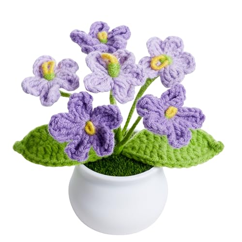 Gradient Purple Crochet Flowers Cute Handmade Knitted Potted Flower Plants Gifts for Mom Grandma Teacher Thank You Appreciation Crochet Gift Cute Decor for Home Room Office Desk Accessories - color: Gradient Purple