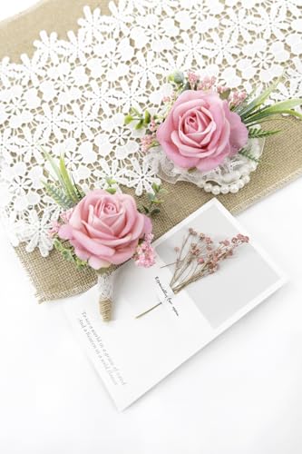 Ansofi Pink Corsage and Boutonniere Set Artificial Rose Flower Wrist Corsage and Boutineers for Groom Groomsmen Bride Bridesmaids Prom Rustic Vintage Wedding Decor - color: Pink