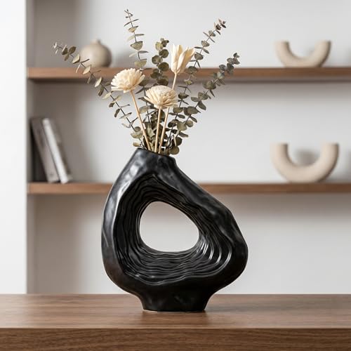 Sunddo 9 Inch Black Ceramic Vase for Modern Home Decor - Donut Decorative Vase for Flowers, Minimalist Boho Style Vase for Living Room, Table Centerpiece - color: Black, size: 9 inch