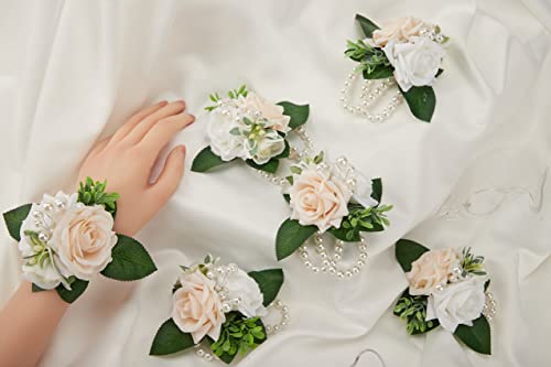 White & Champagne Silk Wrist Corsages Set 6Pcs for Women Wedding | Faux Artificial Flowers With Pearl Wrist, Ideal for Prom Party Homecoming Ceremony Anniversary - color: White&champagne Rose