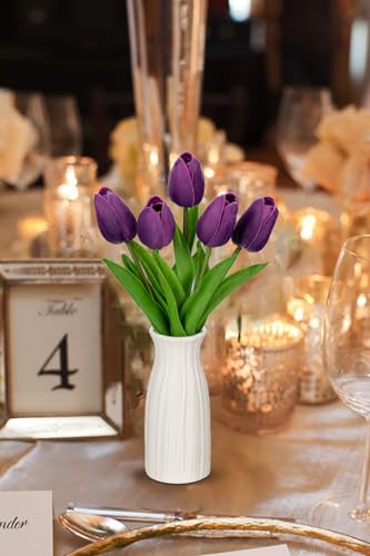 Briful 2 Packs Faux Flowers Artificial Tulips with Ceramic Vase, Poly Foam Purple Tulips Real Touch Flower Arrangement for Home Kitchen Wedding Centerpiece Decoration - color: Dark Violet
