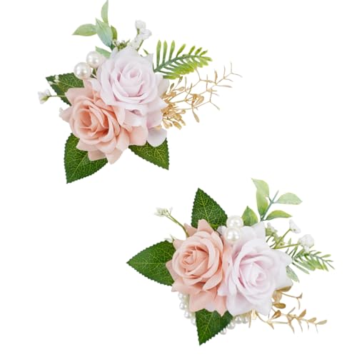Dusty Pink Corsage and Boutonniere Set for Wedding Prom, Artificial Rose Flower Wrist Corsage Bracelets, Homecoming Corsage Wristlet, Boutonniere for Men Wedding Suit Decorations - color: Dusty Pink