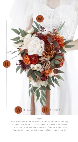 10 Inch Terracotta Wedding Bouquets for Bride Artificial Roses Flower Cascading Cascade Bridal Bouquet for Rustic Boho Fall Vintage Wedding Ceremony Party and Anniversary - color: Terracotta