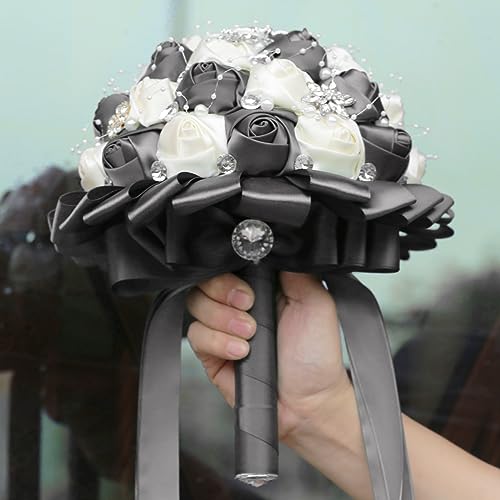 Handmade Wedding Bouquets for Bride Bridesmaid Brooch Artificial Holding Flower Tossing Bouquet(Ivory/Dark Grey,21cm,1pc) - color: Ivory/Dark Grey, size: 8.3 inches
