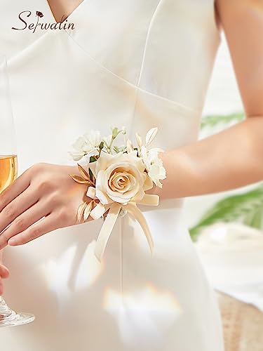 Serwalin 6Pcs Champagne Wrist Corsage for Wedding, Artificial Flowers Roses Wrist Corsage for Prom Homecoming Party Accessories for Bride Bridesmaids, Mother of Bride and Groom - color: Champagne, size: Corsage 6pcs