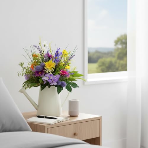 14 Inch Lighted Farmhouse Watering Can Centerpiece with Timer | Spring Summer Floral Arrangement with Daisies, Lavender, Orchids and 10 Warm LED Lights for Table Kitchen Decor