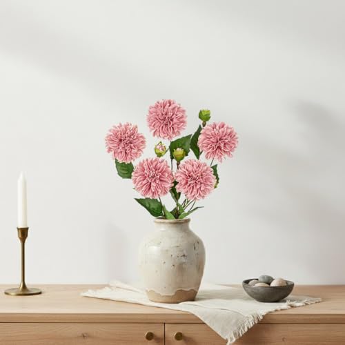 Hollyone Pink Dahlia Artificial Flowers 5Pcs Fake Dahlia Flowers for Decoration Silk Flower with Long Stem 17.7" Floral Arrangements Bouquets Indoors Outdoors Faux Dahlias Centerpieces Home Decor - color: Pink