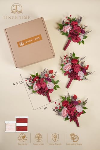 TINGE TIME 7 Inch Wedding Bouquets for Bridesmaid, Artificial Flowers Cascading Bridal Bouquet for Wedding (Burgundy & Pink, Set of 4) - color: Burgundy & Pink