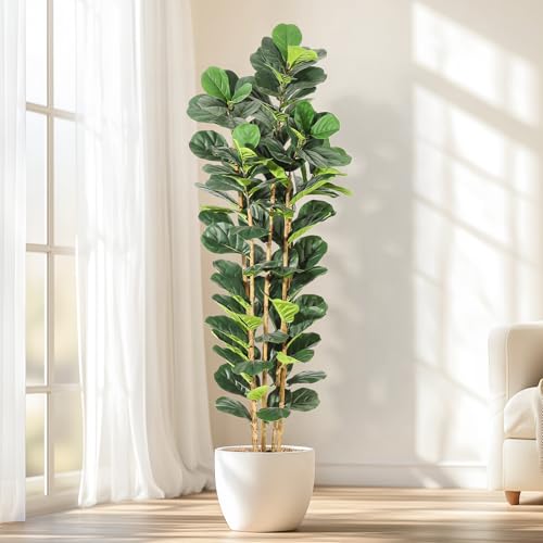 Garvee Artificial Fiddle Leaf Fig Tree with White Planter, Fake Plant with Natural Wood Trunk, Faux Ficus Tree Fake Moss for Home Office Living Room Decor - size: 7ft