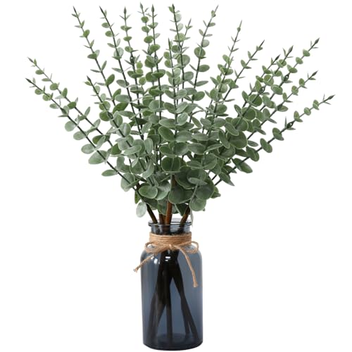 Leftover 18.8" Artificial Eucalyptus Stems in Black Glass Vase,Fake Plant Eucalyptus Plant for Centerpiece Table Decorations Black Bathroom Farmhouse Home Decor - color: Sage Green