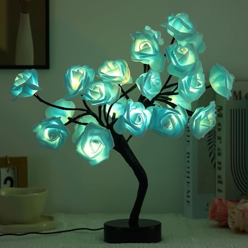 Drawelry Rose Flower Tree Lamp - LED Rose Tree Table Lamp USB/Battery Powered Artificial Bonsai Flower Night Light for Bedroom Living Room Party Wedding Birthday Decor (Blue) - color: Blue