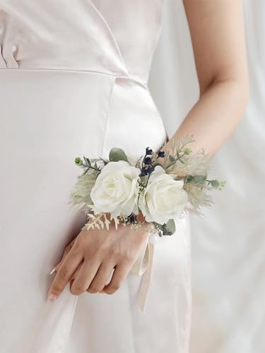 Rinlong 2Pcs White Sage Wrist Corsage for Wedding, Prom, Homecoming | Bridesmaid Wristlet, Mother of the Bride Flower Corsage - color: 04-white Sage