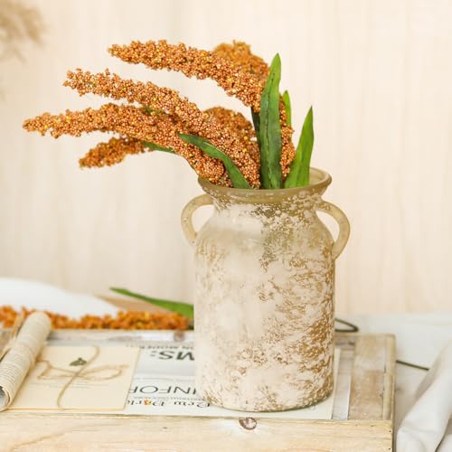 Glass Flower Vase with Handle- 8 Inches Rustic Imitation Ceramic Vase for Flowers, Vintage White Brown Centerpiece Decorations for Farmhouse, Modern Home, Table & Holiday Decorations - color: White Brown
