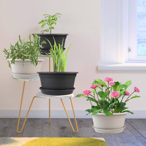 6 Pack 10 inch Plant Pot, Outdoor Pots for Plants with Drainage Hole & Tray Saucer, Round Plastic Plant Pot, Decoration Flower Pots for Indoor Plants Home Garden Outdoor Planters (Gray White) - color: Gray White, size: 10 Inch - 6Pack