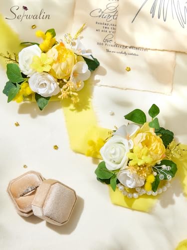 Serwalin 2 Pcs Wrist Corsage and Boutonniere Set, 6-7 Inch Yellow Corsage for Wedding, Boutonniere for Men Corsage Wristlet Prom Ceremony Anniversary Accessories Suit - color: Yellow, size: 1 Boutonniere & 1 Wrist Corsage-2pcs