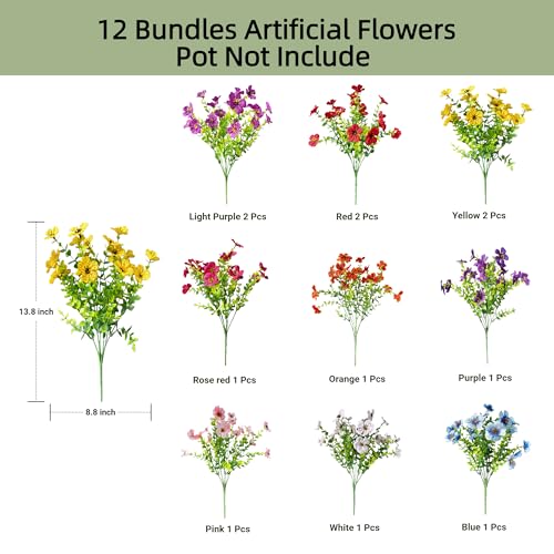Artificial Flowers for Outdoors UV Resistant, 12 Bundles Realistic Faux Daisy with Eucalyptus Leaves Fake Plants for Porch Patio Planter Garden Decoration (9-Color Mix) - color: 9 Color