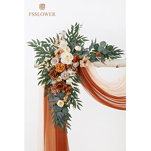 Wedding Arch Flowers with Drapes Kit (Pack of 4) - 2pcs Artificial Terracotta Deluxe Swag with 2pcs Sheer Drapes for Wedding Ceremony Backdrop Rose Floral Decoration Arbor Reception - color: Terracotta, size: Pack of 4
