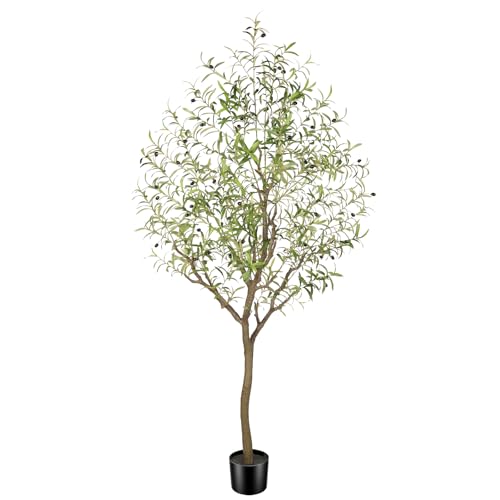 Faux Olive Tree 7FT, Olive Trees Artificial Indoor, Tall Fake Tree with Realistic Leaves & Fruits for Home Office Living Room Decor - size: 7ft