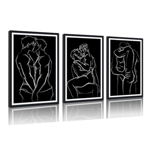 3 Piece Naked Gay Men Canvas Wall Art Black and White Body Line Posters Man Lover Couple Prints Artwork Wall Decor for Apartment Bedroom Bathroom Hotel Framed Ready to Hang 24x36inchx3pcs - color: Art02, size: 24x36x3Pcs Black Framed