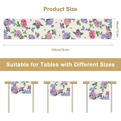 Hydrangea Table Runner, Spring Summer Watercolor Purple Floral Seasonal Country Farmhouse Coffee Table Center Decor for Home Kitchen Dining Patio Holiday Party Table Decorations 13x36 inches - color: Tr-flower08, size: 13x36" Table Runner