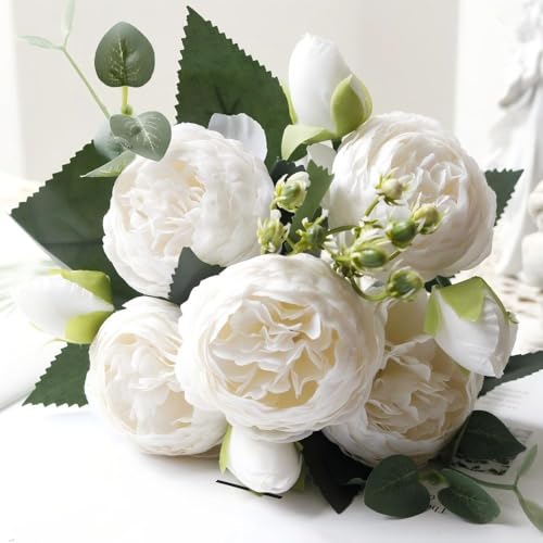 Artificial Peony Flowers Silk Peony Rose Real Touch Fake Flowers 3pcs Single Stem with 5 Heads Bouquet for Home Wedding Party Decoration (White) - color: White