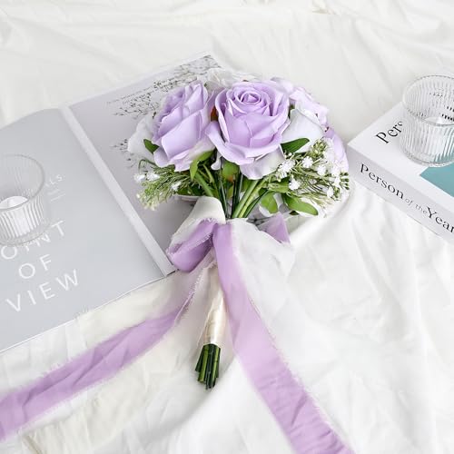 Wedding Bouquet for Bride - Premade Simple Artificial Roses Flowers for Bridal Shower Destination Ceremony Anniversary Decorations (Lilac & White) - color: Lilac & White