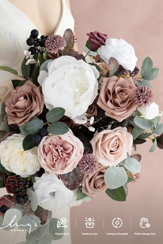 Ling's moment Pink Wedding Bouquets for Bride, Dusty Rose and Mauve Bridal Bouquets for Bride, 15 Inch Free Form Artificial Wedding Flowers Bouquets - color: Pk-dusty Rose and Mauve, size: Medium 15 Inch