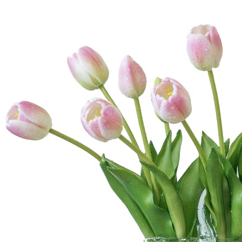 DUYONE 15Pcs Artificial Tulips Flowers, Soft Touch Realistic Latex Tulips Bouquet for Home Office Wedding Party Garden Decor, Fake Flowers for Dining Table Living Room Spring-B Peach Pink - color: B Style-15pcs Peach Pink(no Vase)