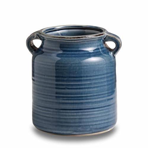 Ceramic Rustic Distressed Blue Flower Vase for Centerpieces, Kitchen, Office or Living Room (5.9''x6.3'') - color: Blue, size: 5.9''x 6.3”
