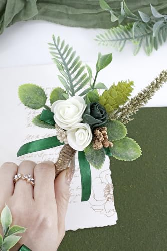 Dark Green Ivory Corsage and Boutonniere Set Wrist Corsage Wristlet for Prom Groom Flower Boutonniere for Men Wedding Party Homecoming Accessories Suit - color: Dark Green