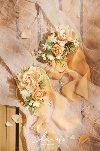 Ling's moment 2pcs Prom Wrist/Shoulder Corsage Artificial Flower, Girl/Mother Homecoming/Wedding Corsage Wristlet Décor, etc. Yellow Orange Peach - color: Or-yellow Orange & Peach