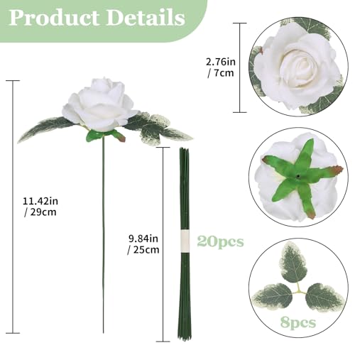 IPOPU Rose Artificial Flowers 20pcs Realistic Velvet Faux Rose with Stems White Fake Rose Flowers in Vase for DIY Wedding Bouquets Bridal Shower Party Centerpieces Table Home Decor (White - color: White