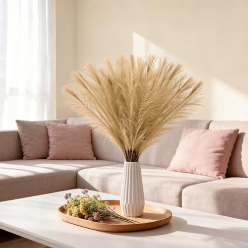 50pcs Beige Yellow Pampas Grass 21.6 Inch Non-Shedding Faux Pampas for Warm Neutral Home, Boho Weddings and Golden Tone Vase Arrangements - color: Beige Yellow