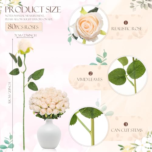 Hotop 80 Pcs Rose Artificial Flowers Bulk with Long Stem, Silk Roses Realistic Fake Flowers Bouquet for Wedding Table Centerpieces Bridal Shower Party Home Decorations(Beige) - color: Beige