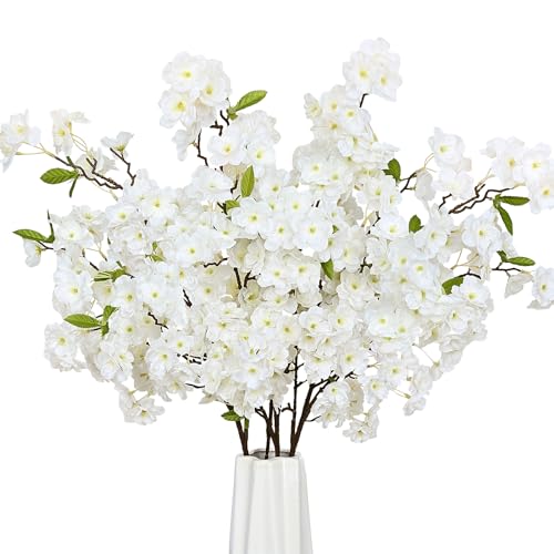 Sunm Boutique White Cherry Blossom Flowers, Artificial Cherry Blossom Decor Faux Cherry Blossom Branches Vase Arrangements for Wedding Home Party Kitchen Decor, Set of 3 - color: White With Leaves, size: Pack of 3