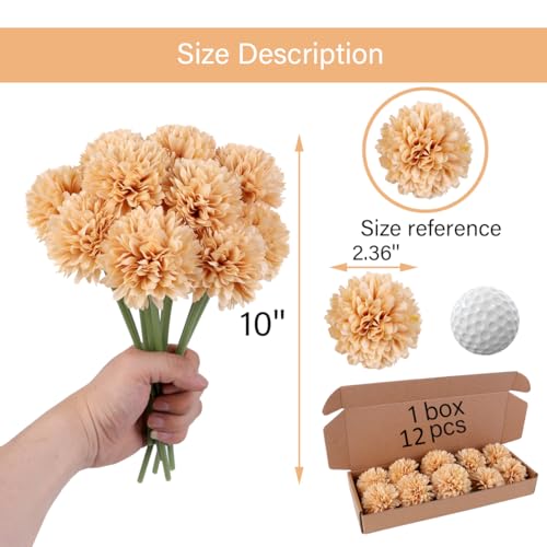 12pcs Champagne Artificial Flowers Fake Flowers Silk Artificial Chrysanthemum Ball Hydrangea Bridal Wedding Bouquet for Home Garden Party Decor (Champagne) - color: Champagne，12pcs