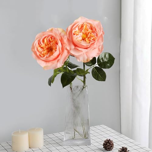 2Pcs Fake Austin Rose Peonies Flowers Real Touch Peach Roses with Stems 25.60'' Latex Peony Artificial Flowers for Home Decor Flower Arrangement Wedding Centerpieces Valentine's Day (Peach) - color: Peach